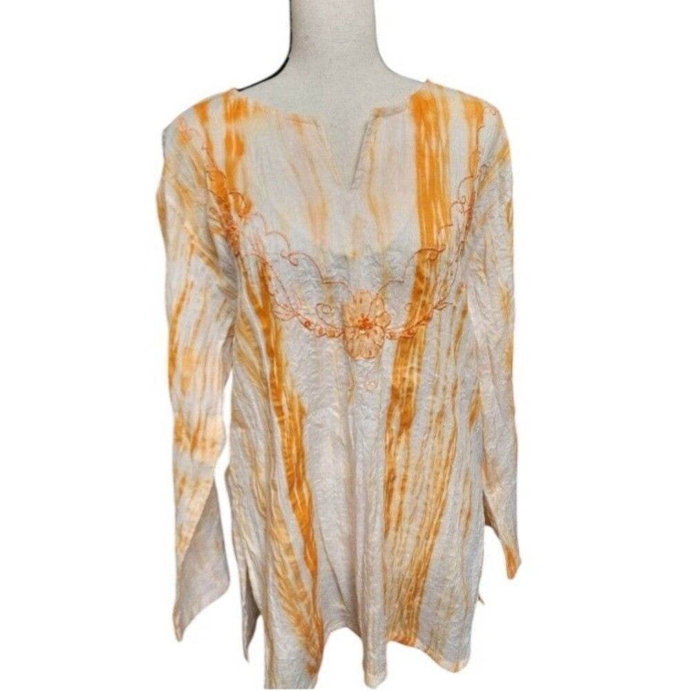 Boho Tie-Dye Embellished Cotton Top Size Medium Orange Stripe